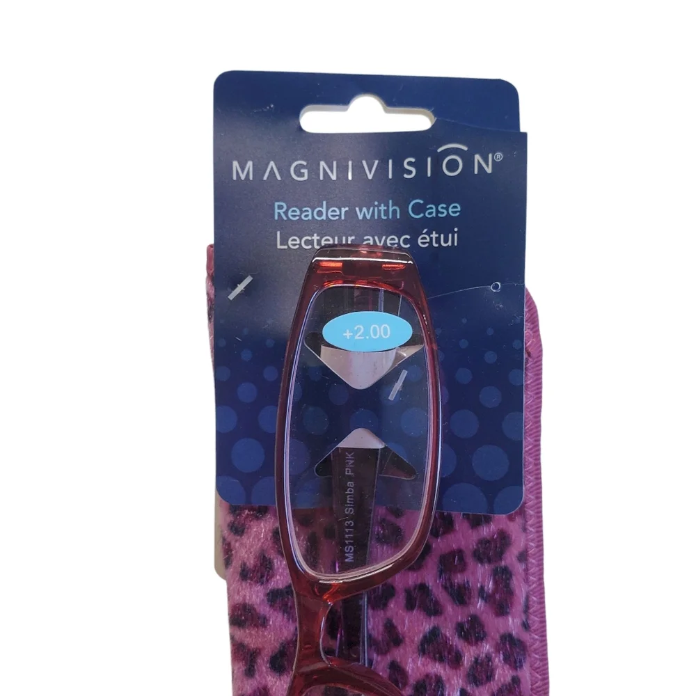 Magnivision +2.00 Reader Glasses With Case Pink Animal Print
